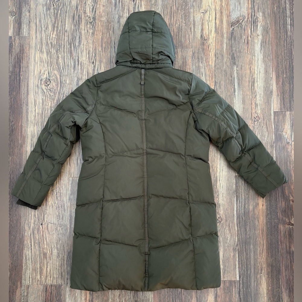 Lands’ End Hooded Quilted Down Puffer Jacket XL Olive Green 38” Long Two-Way Zip - Picture 2 of 14